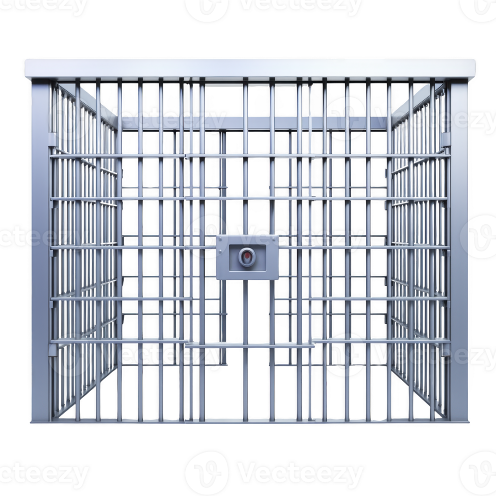sturdy metal cage with secure lock, designed for containment and safety, stands isolated against transparency background. bars are evenly spaced, creating sense of confinement png