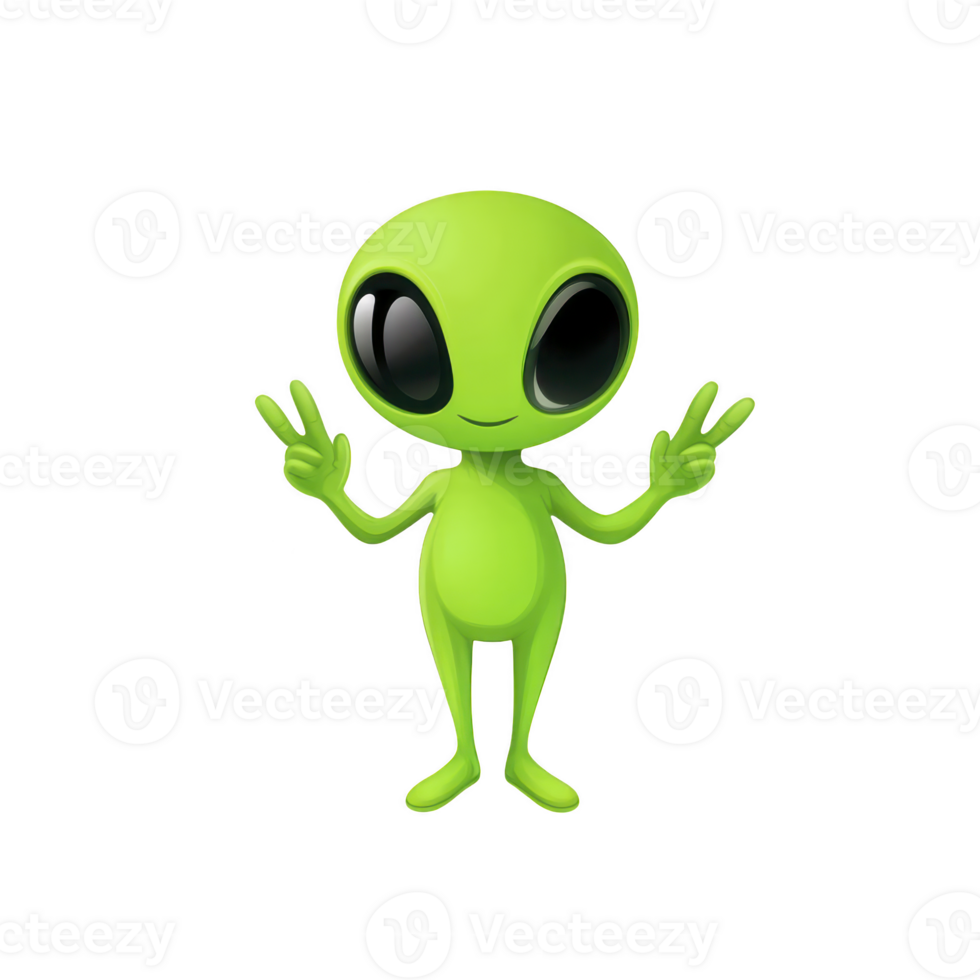cute green alien character with large black eyes is making peace sign with both hands, standing against transparent background. alien has friendly and playful expression png