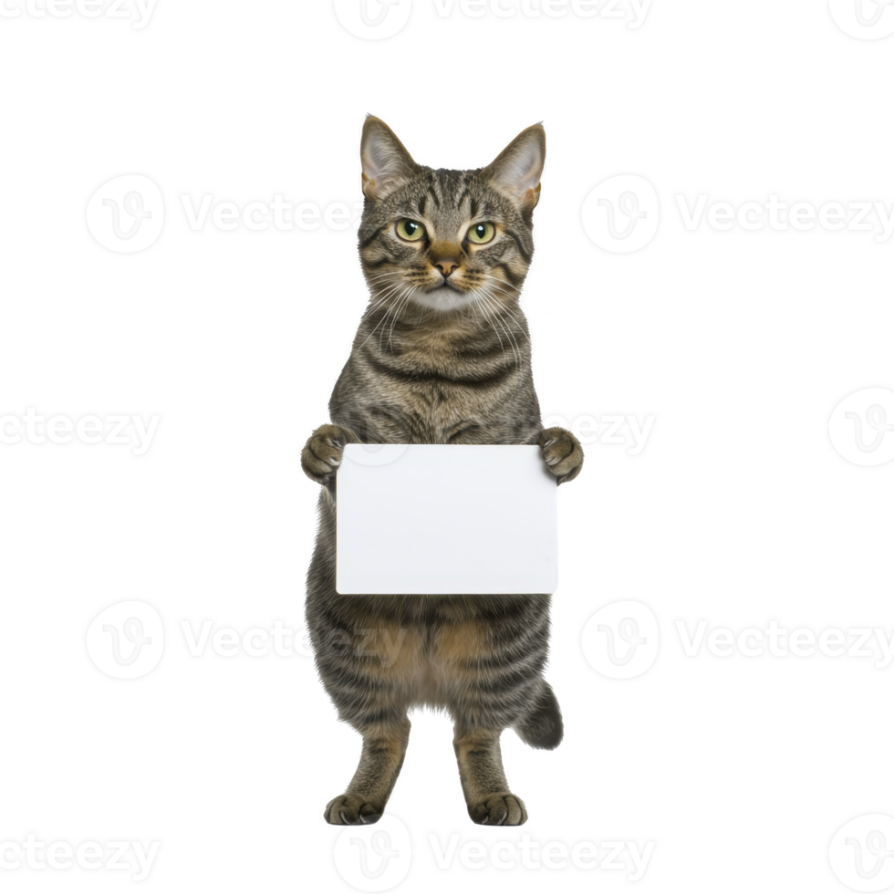standing tabby cat holds blank white sign, looking directly at viewer with curious expression. cat fur is striped, and it stands on its hind legs, creating humorous and engaging scene png
