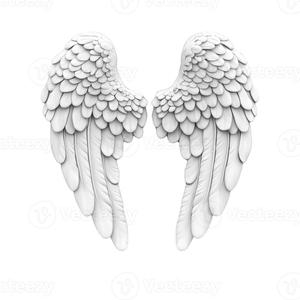 White angel wings with detailed feathers, symbolizing purity and grace, isolated on transparency background. wings are symmetrical and evoke sense of freedom and spirituality png