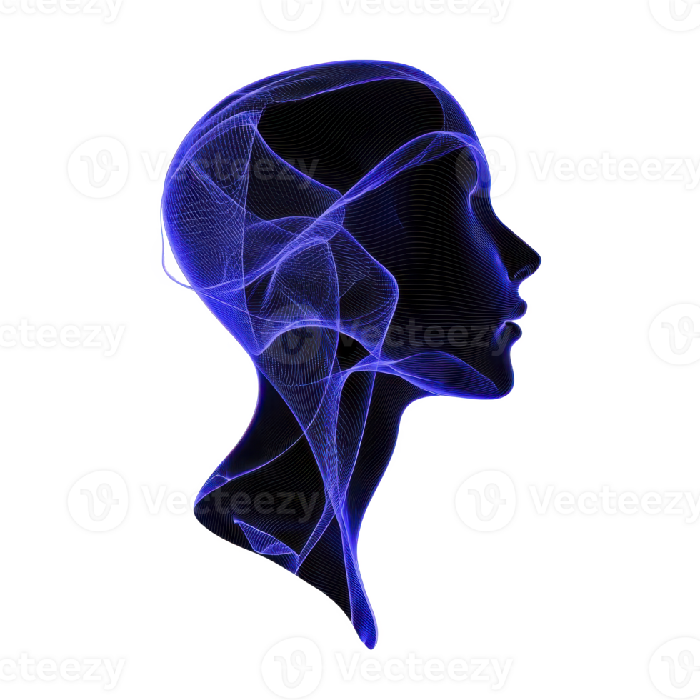 digital artwork of human head silhouette in profile, featuring intricate blue wireframe lines creating futuristic and abstract design. image conveys sense of technology and innovation png