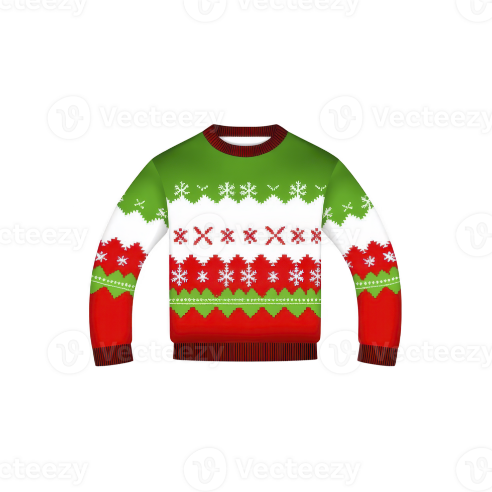 festive sweater with green, red, and white color scheme features snowflake and geometric patterns, perfect for holiday celebrations png