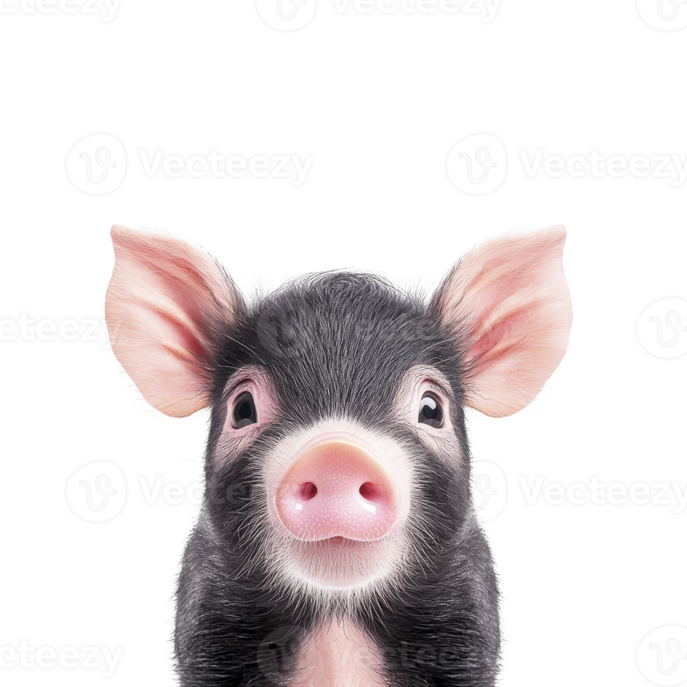 cute piglet with curious expression stands against plain background, showcasing its pink snout and large ears. piglet black and white fur adds to its adorable appearance png