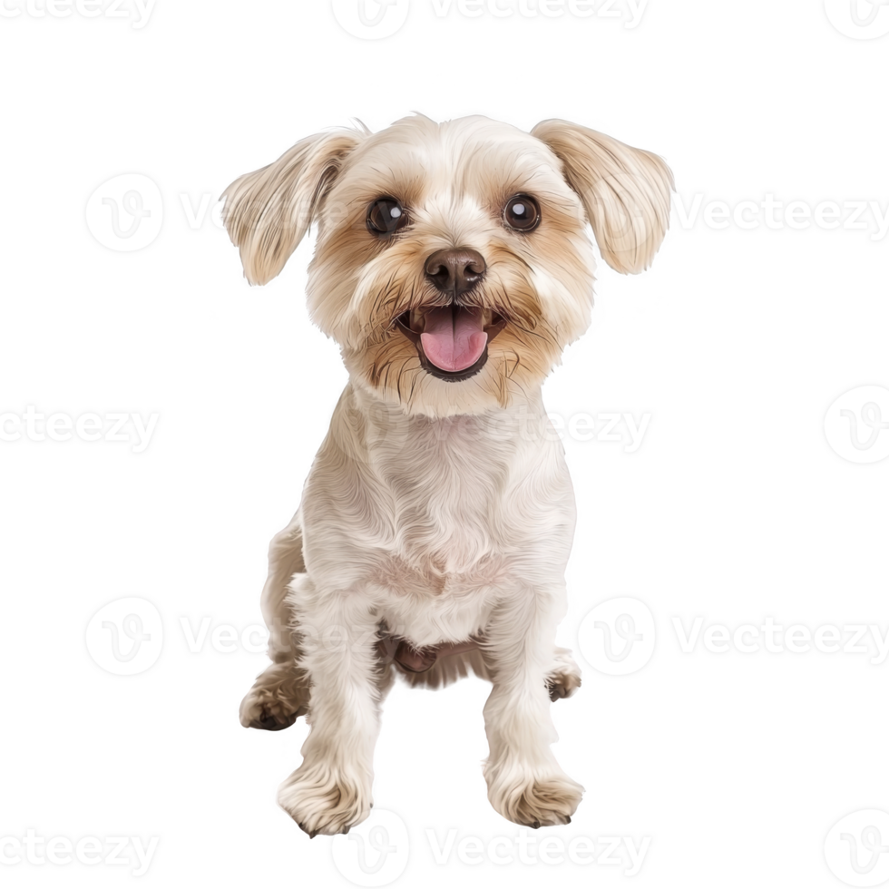 small, fluffy dog with happy expression sits facing forward, showcasing its light colored fur and playful demeanor. dog ears are perked up, and its tongue is out, adding to its cheerful appearance png