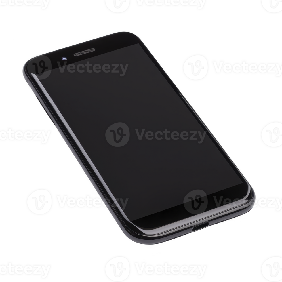sleek black smartphone with minimalist design, featuring smooth screen and rounded edges, lies at angle on plain background. device exudes modernity and simplicity png