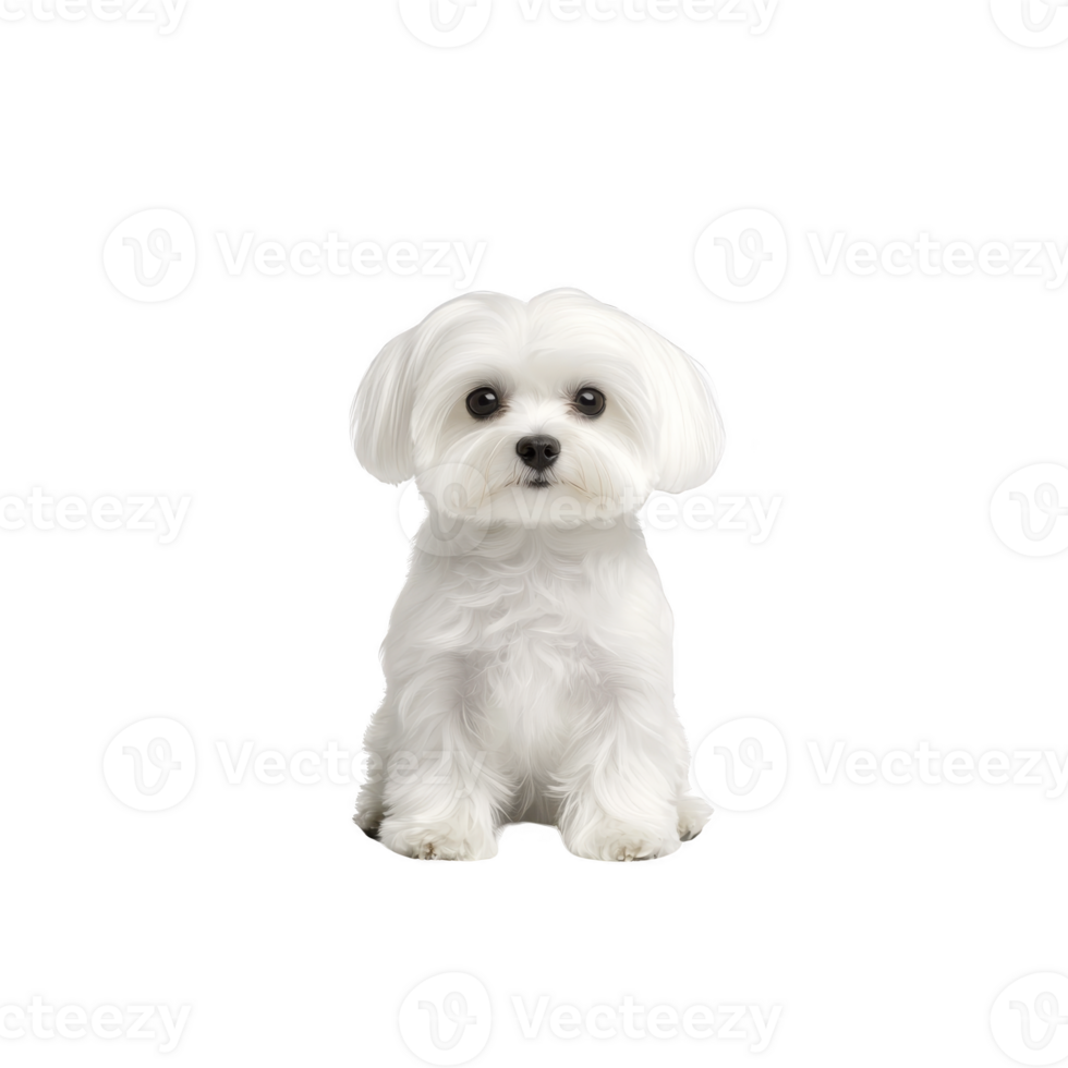 cute Maltese dog with fluffy white fur sits against plain background, looking directly at camera with adorable expression. dog small size and gentle demeanor make it ideal companion png