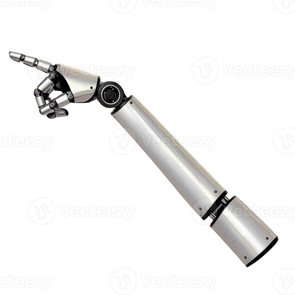 sleek robotic arm with metallic finish is pointing forward, showcasing advanced technology and precision engineering. design highlights innovation in robotics and artificial intelligence png