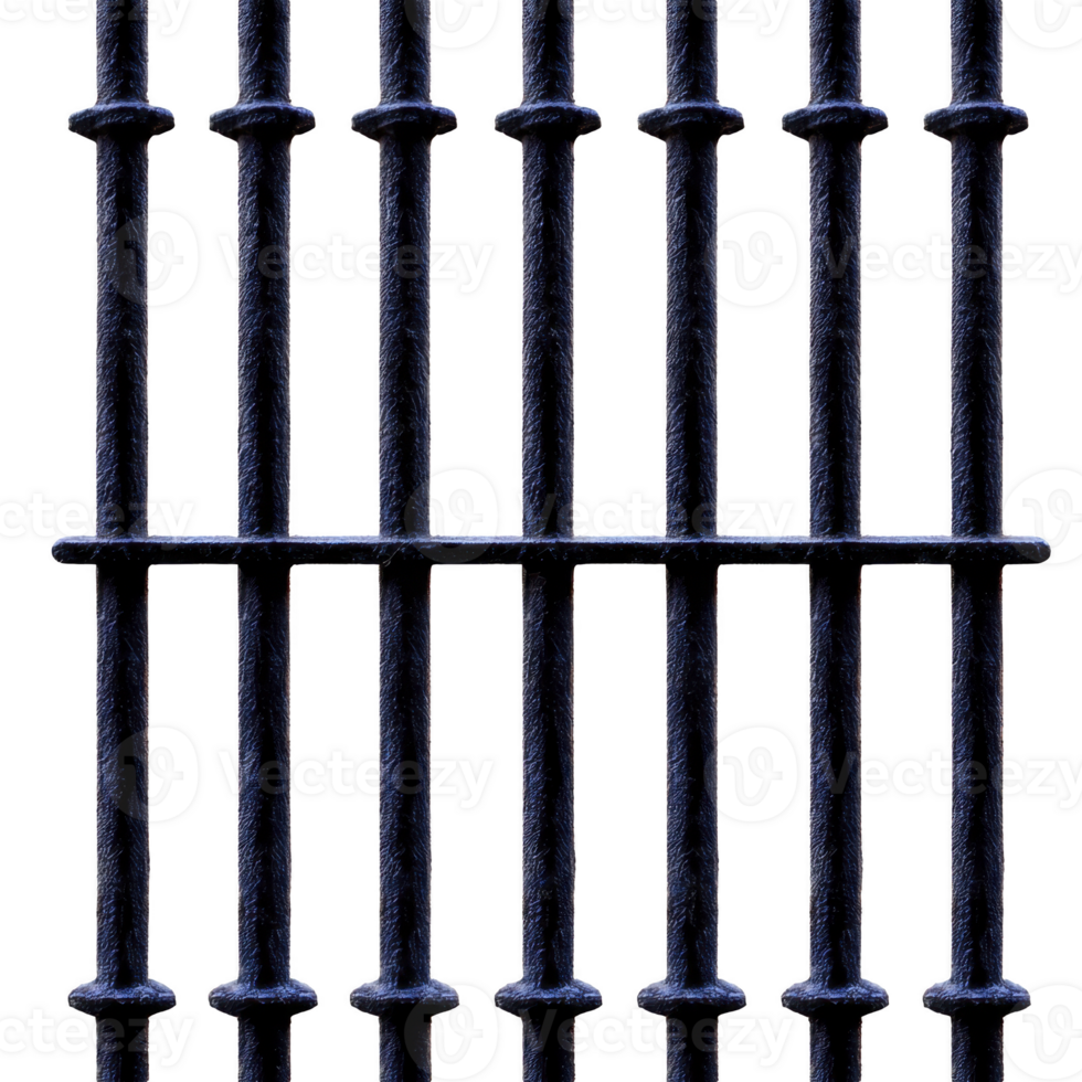 close up view of vertical metal bars forming grid pattern, resembling prison cell door. bars are evenly spaced, creating sense of confinement and security. image conveys somber and serious mood png