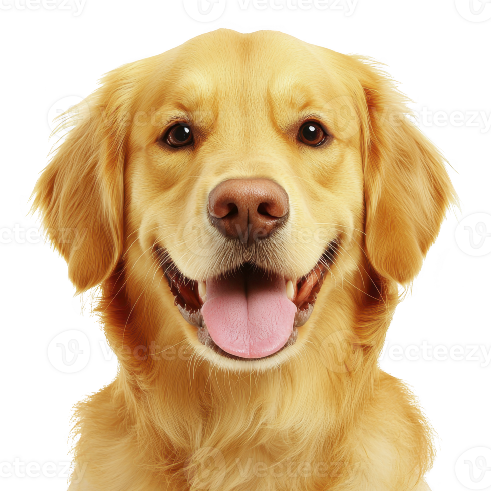 happy Golden Retriever with shiny coat and friendly expression looks directly at camera, showcasing its playful and loyal nature. dog tongue is out, adding to its cheerful demeanor png