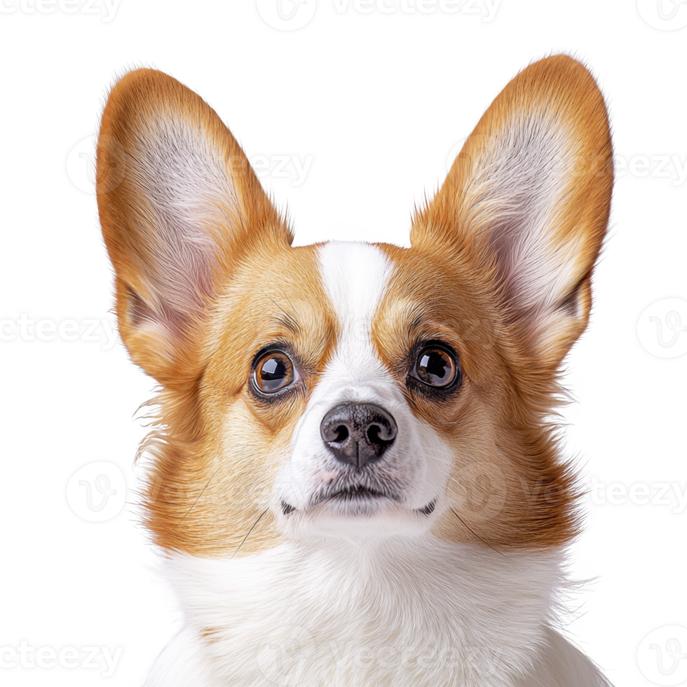 cute corgi with large ears and curious expression is looking directly at viewer. dog fur is mix of white and tan, giving it charming appearance png
