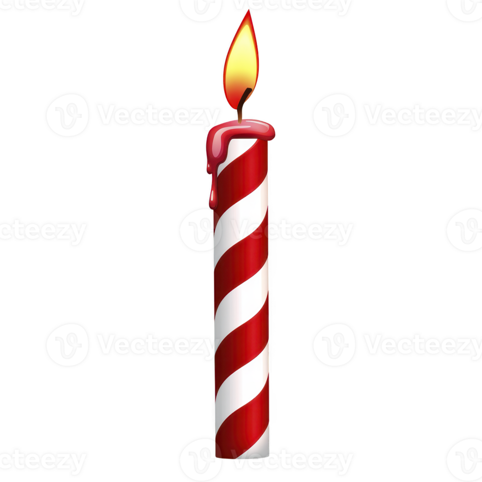 red and white striped candle with bright flame and melting wax creates festive and warm atmosphere. Perfect for celebrations and cozy settings png