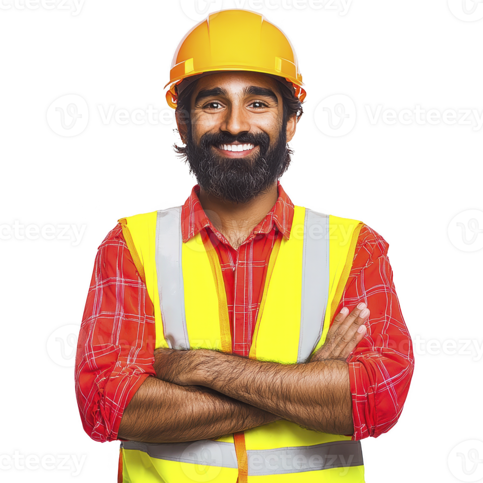 smiling construction worker wearing yellow hard hat and reflective vest stands confidently with arms crossed, showcasing safety and professionalism png