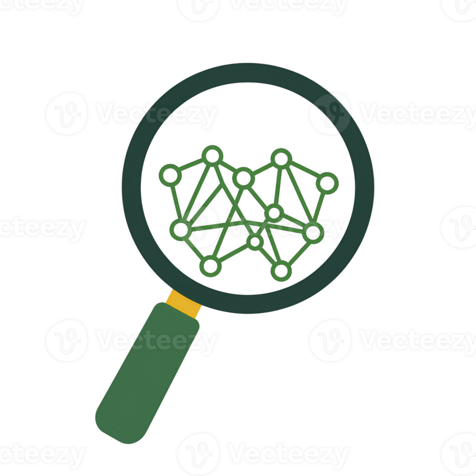 magnifying glass with network of connected nodes symbolizes data analysis and exploration. green and black color scheme adds modern touch png