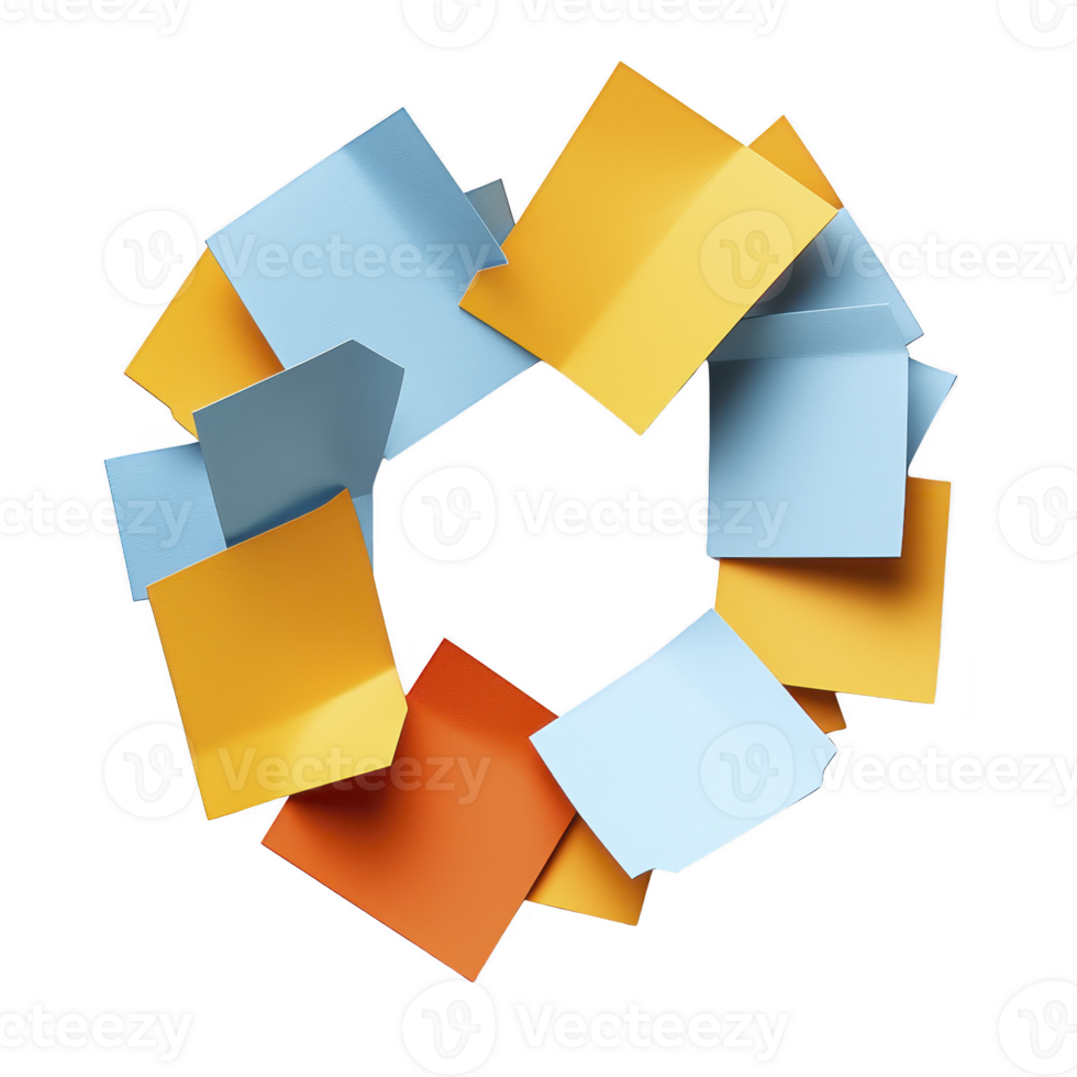 vibrant arrangement of colorful paper sheets forms circular pattern, featuring shades of blue, orange, and yellow. geometric design creates dynamic and artistic visual png