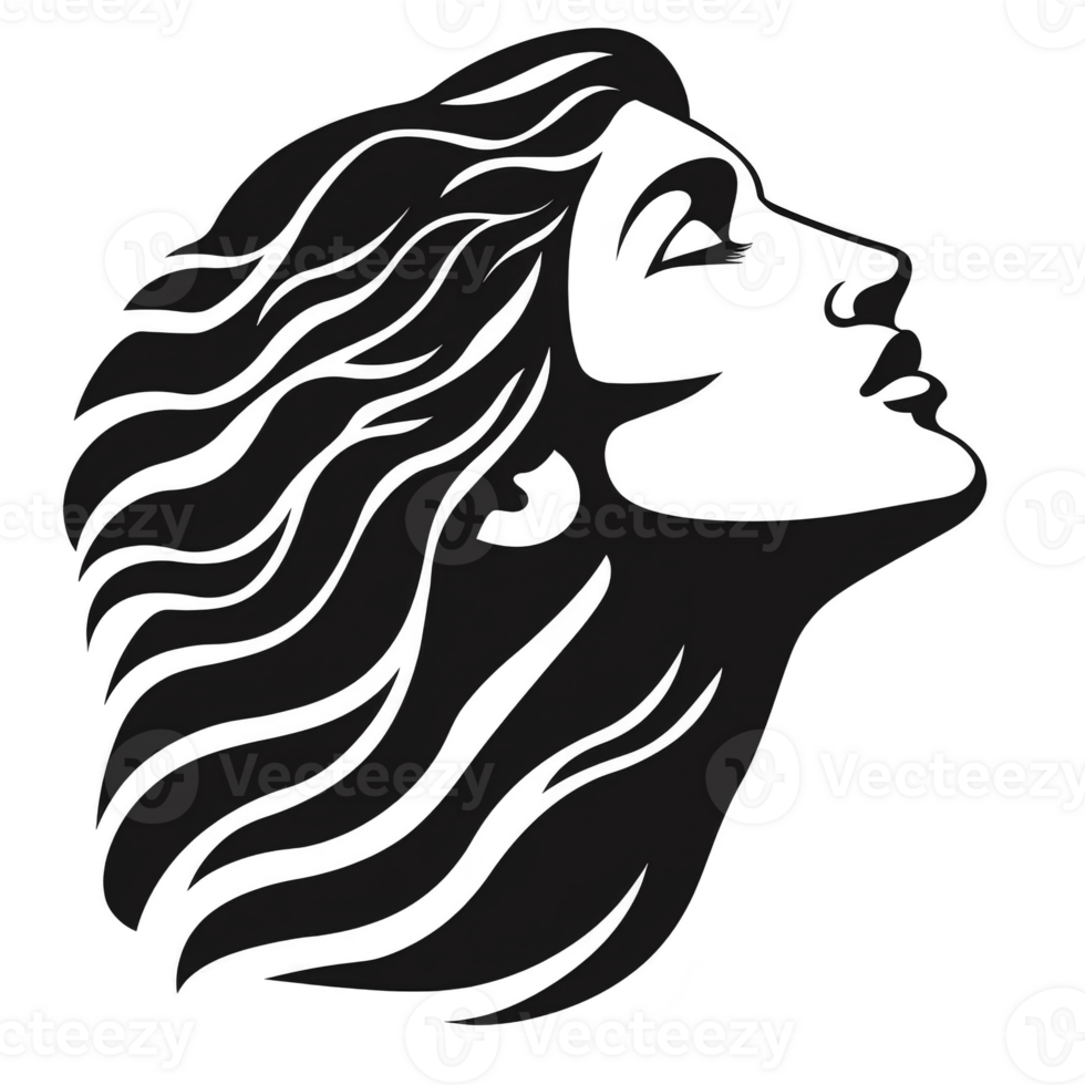 stylized silhouette of woman face with flowing hair, evoking sense of freedom and elegance. design is simple yet expressive, capturing movement and grace png