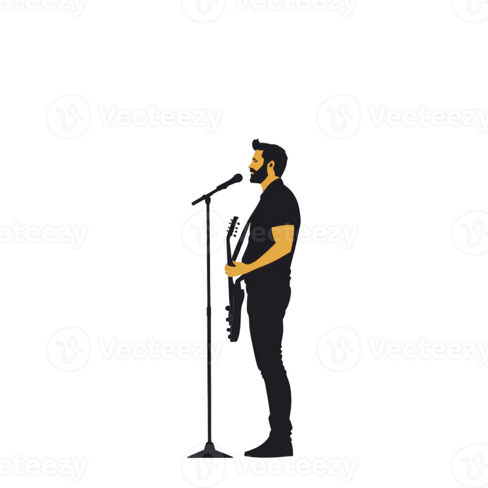 silhouette of musician passionately singing and playing guitar on stage, conveying sense of energy and performance. image captures essence of live music and artistic expression png