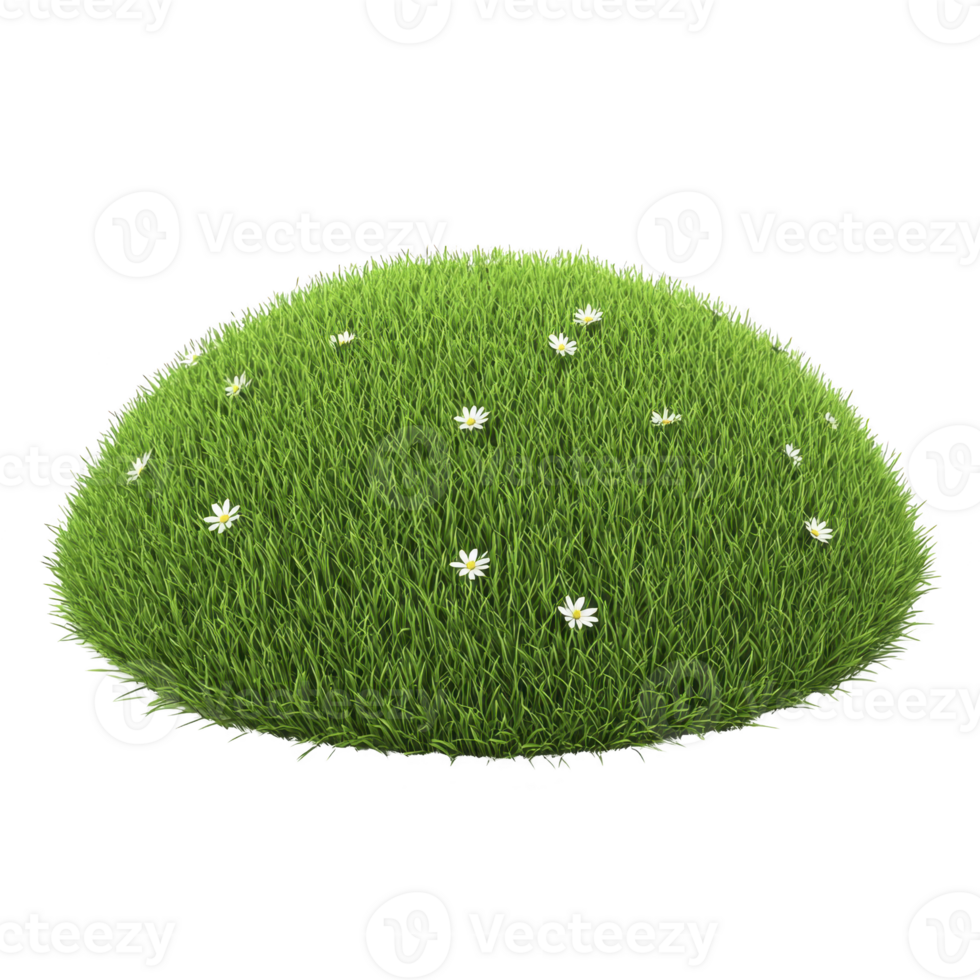 lush, green grass mound with small white flowers scattered across its surface, creating serene and natural appearance. vibrant greenery and delicate blooms evoke sense of tranquility png
