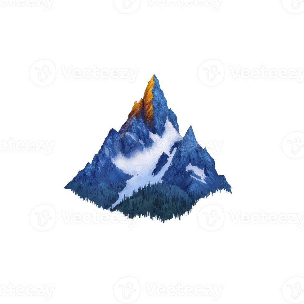 majestic mountain peak with snow covered slopes and golden sunlit summit, surrounded by dense forest at its base, evokes sense of adventure and tranquility png