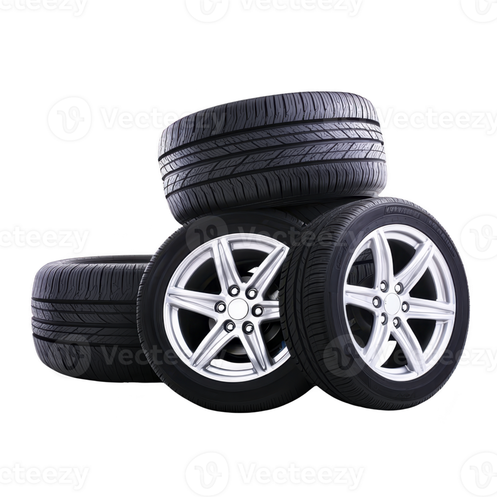 Three stacked car tires with shiny alloy rims are displayed against transparency background, showcasing their sleek design and durability png