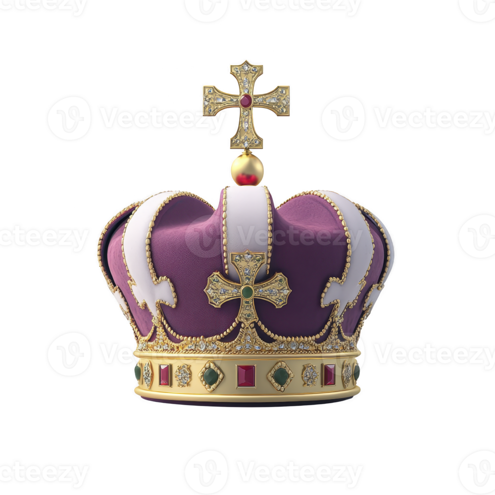 luxurious royal crown with purple velvet cap, adorned with gold, diamonds, and colorful gemstones, exuding elegance and regality png
