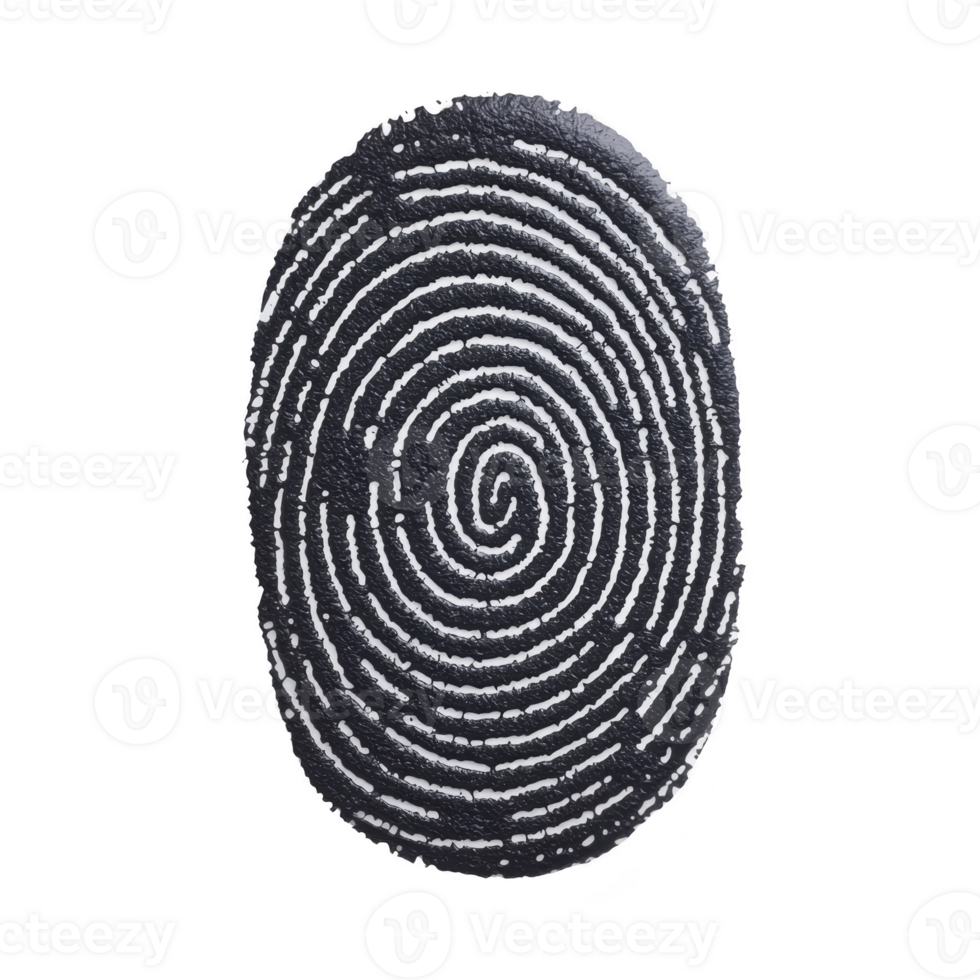 detailed black and white fingerprint pattern is displayed, showcasing intricate spiral and loop designs. fingerprint is isolated on plain background, emphasizing its unique texture and structure png
