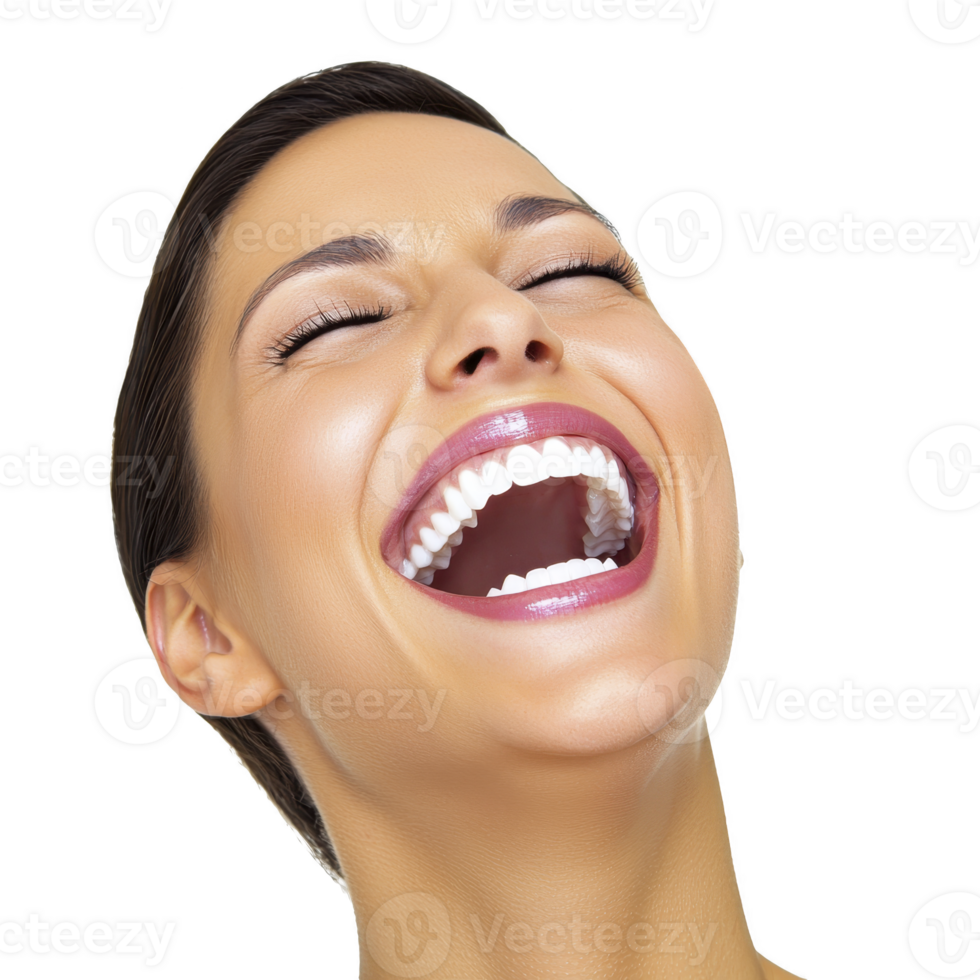 woman with joyful expression is laughing heartily, showcasing her bright white teeth and smooth skin. Her head is tilted back slightly, emphasizing her genuine happiness png