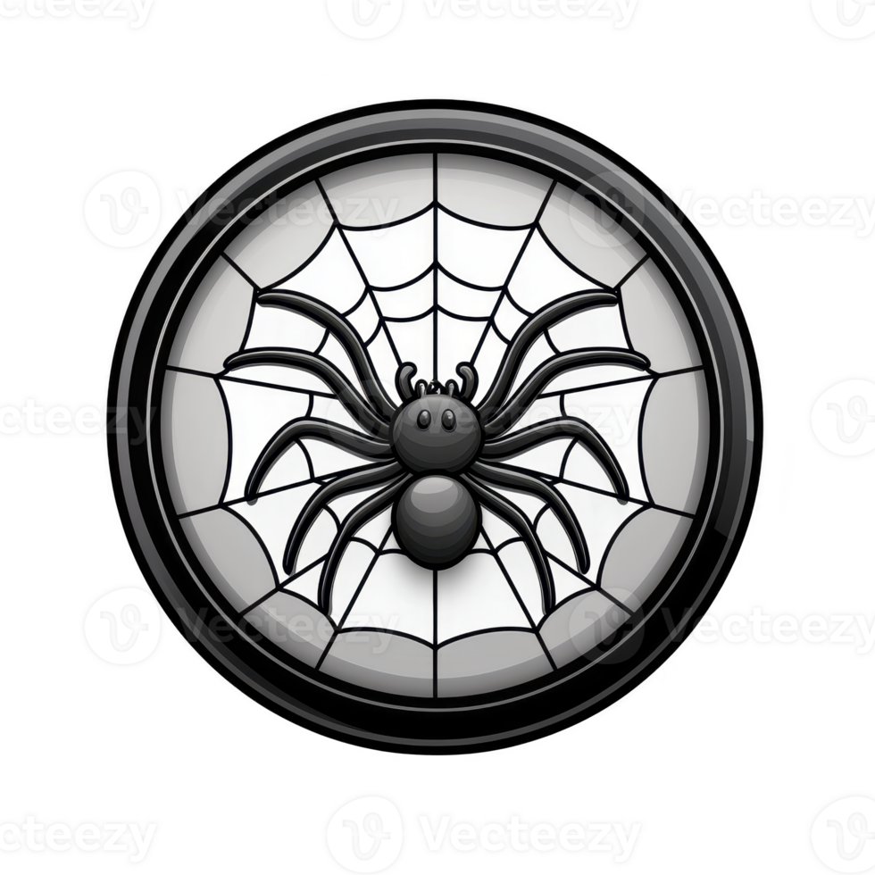 cartoon spider sits at center of circular web, creating playful and whimsical design. monochrome color scheme adds classic touch to illustration png
