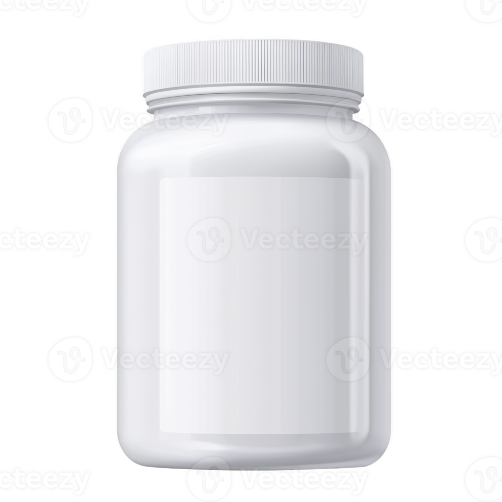 plain white plastic jar with screw on lid, suitable for storing supplements or powders, is displayed against transparency background. jar is empty and unlabeled png