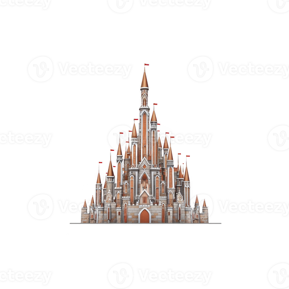 grand, fairytale castle with multiple spires and flags, featuring intricate architectural details and majestic presence, stands isolated against clear background png