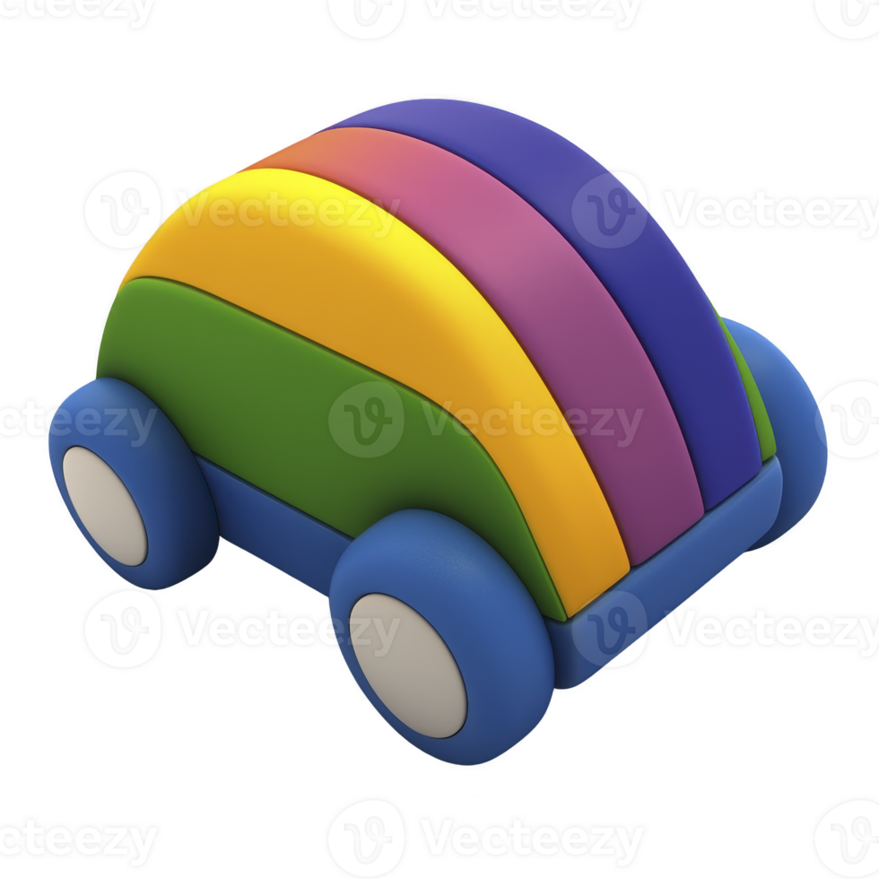 colorful toy car with rainbow design features vibrant blue wheels and smooth, rounded shape, perfect for imaginative play and early childhood development png