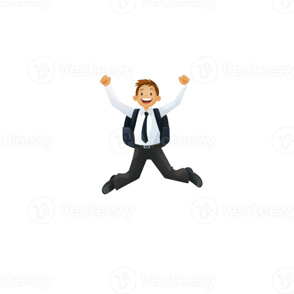 joyful cartoon character of young man in suit and tie, jumping with excitement and wearing backpack, conveys sense of happiness and success png