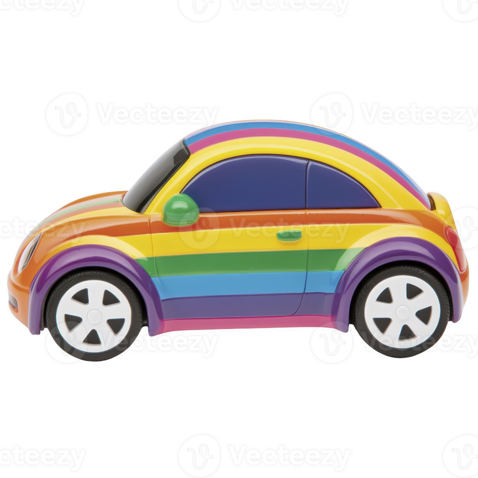 colorful toy car with vibrant rainbow design, featuring smooth curves and white wheels, evokes sense of joy and playfulness png