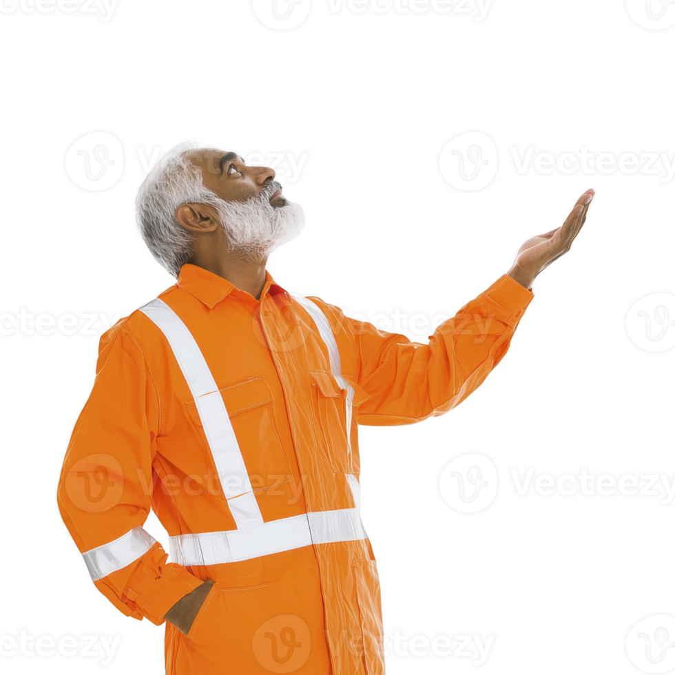 man with white beard wearing orange safety uniform with reflective stripes looks upward with curiosity, one hand in his pocket and other raised png