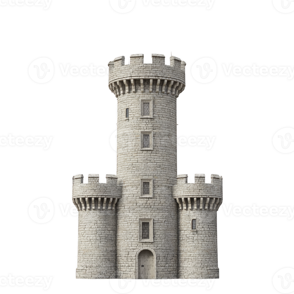 medieval stone castle tower with crenellations and arched windows stands tall, evoking sense of history and strength. structure is made of gray stone bricks, showcasing classic architectural png