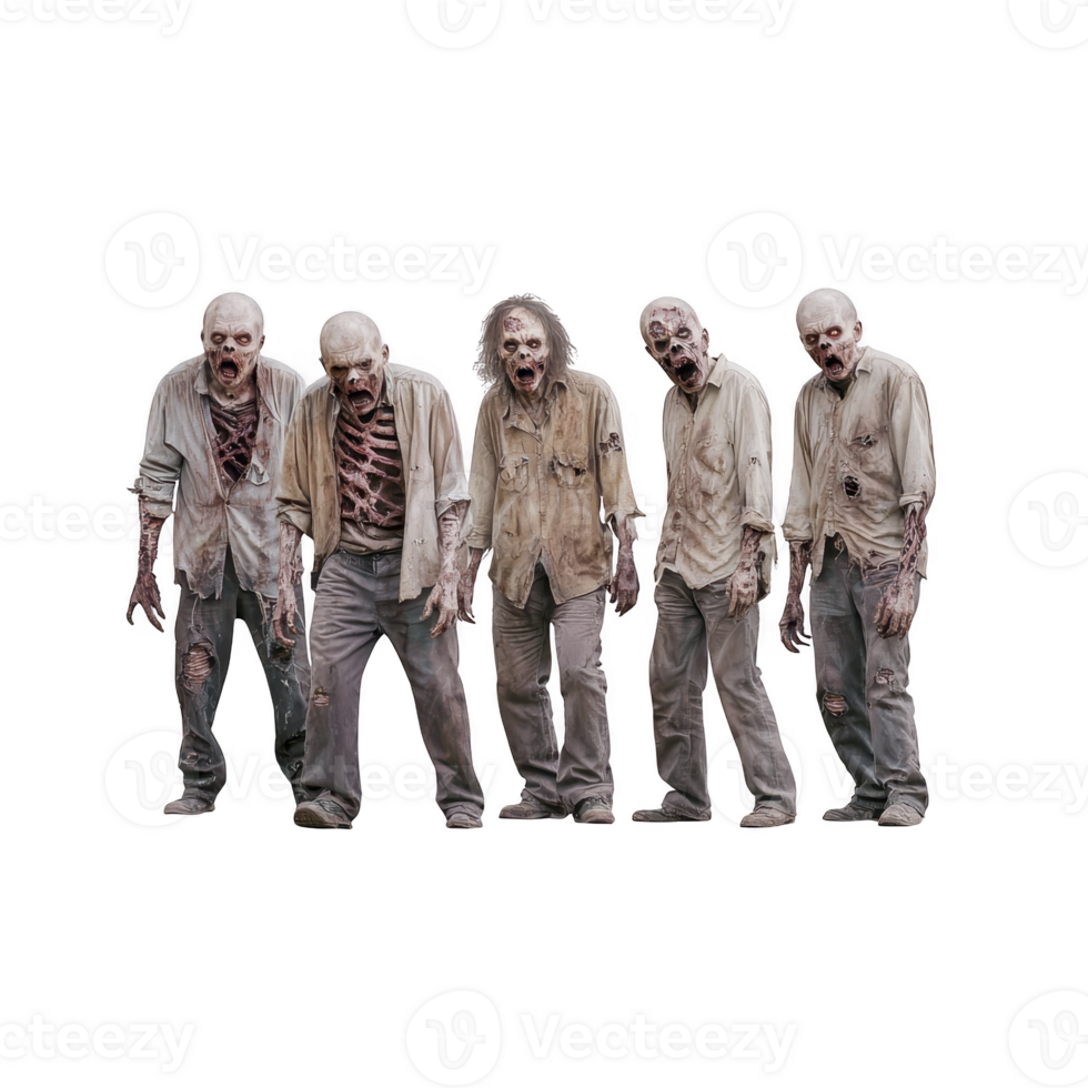 group of five zombies in tattered clothing stand together, showcasing decayed skin and eerie expressions. Their appearance is unsettling, with visible bones and torn fabric png