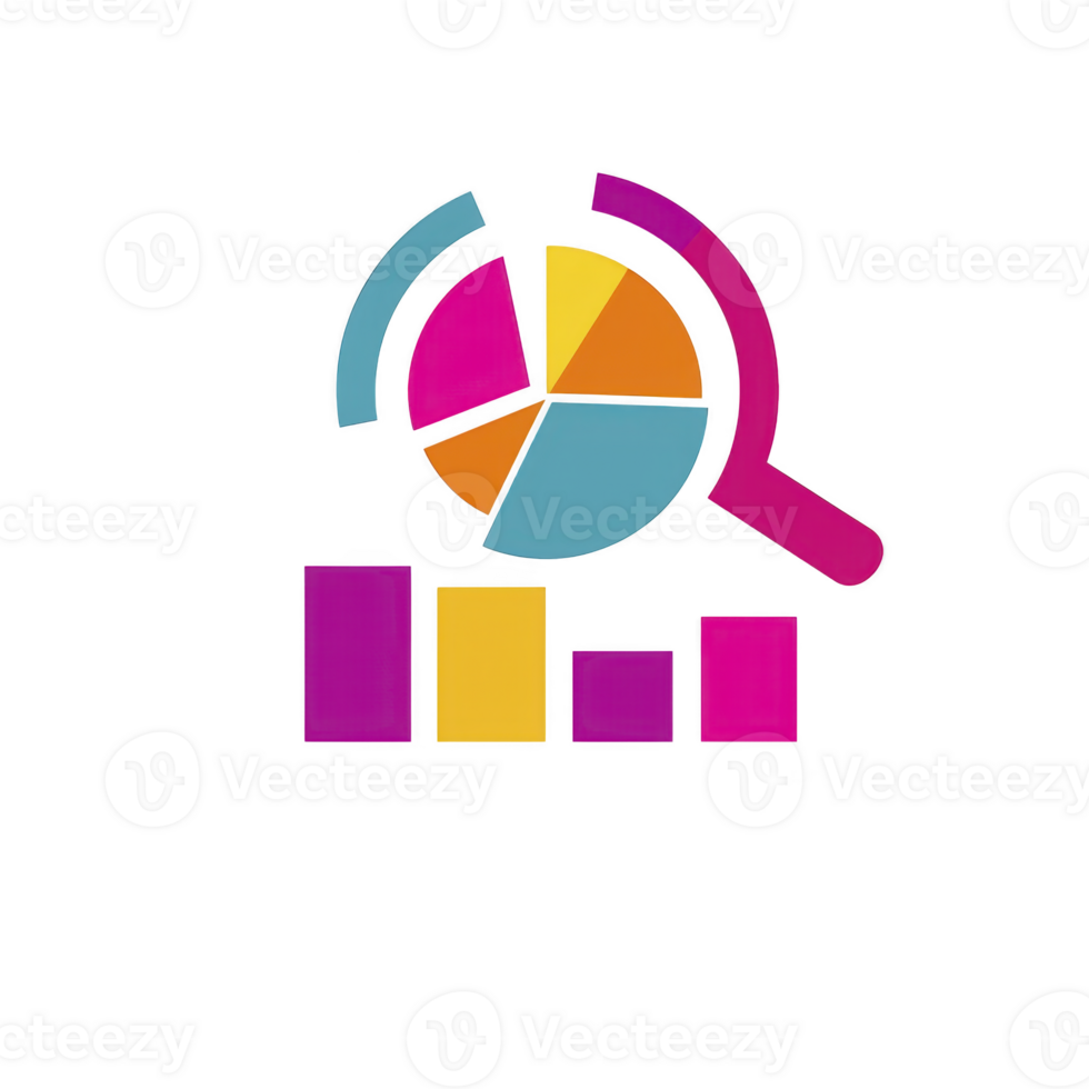colorful data analysis icon features magnifying glass over pie chart and bar graph, symbolizing analytics and research. vibrant colors convey sense of innovation and insight png