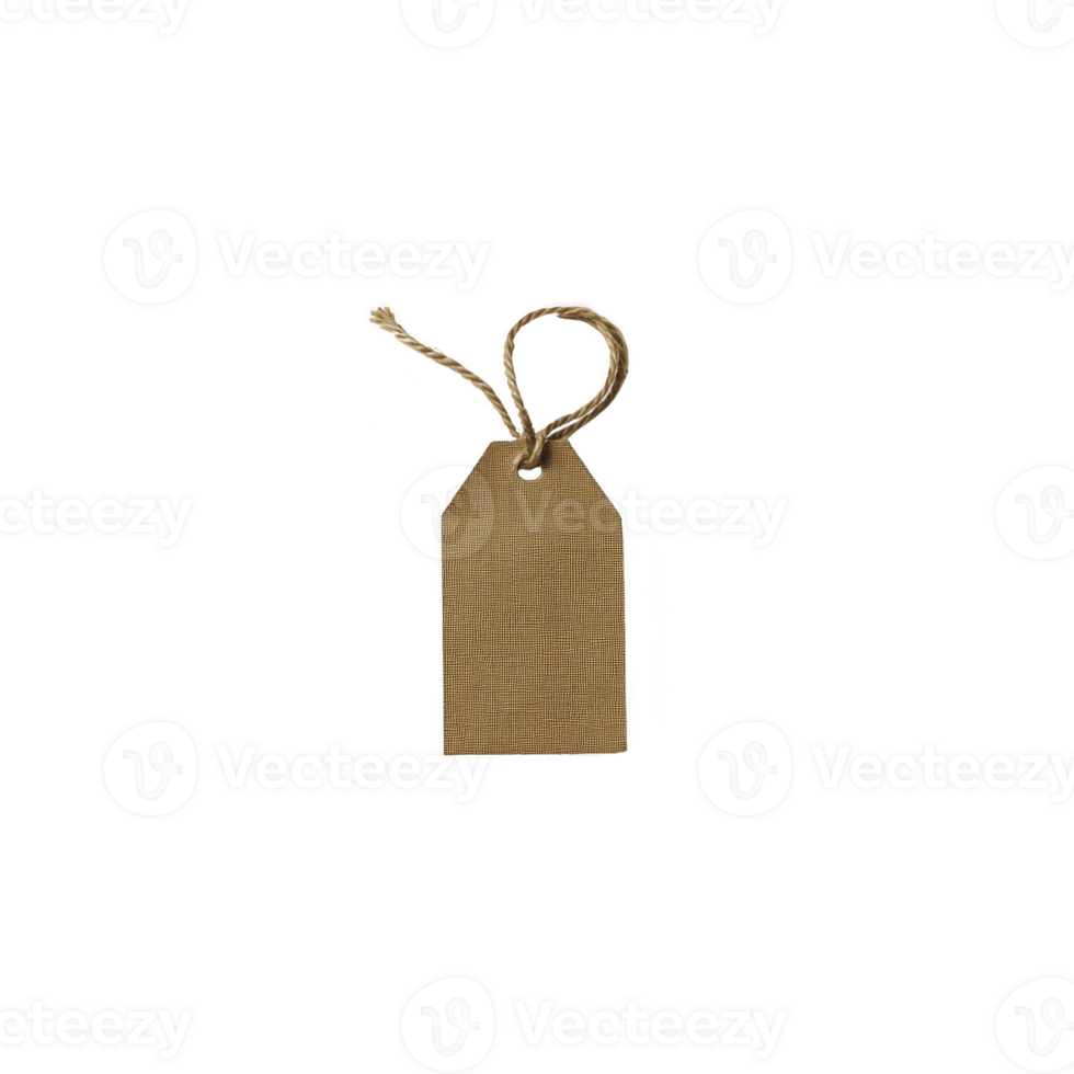 simple brown paper tag with string loop for attachment, isolated on transparency background. tag is rectangular with hole at top for string, often used for labeling or gifting purposes png