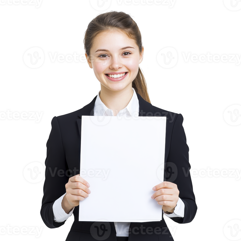 smiling woman in business suit holds blank sheet of paper, ready for customization or message display. image conveys professionalism and positivity png