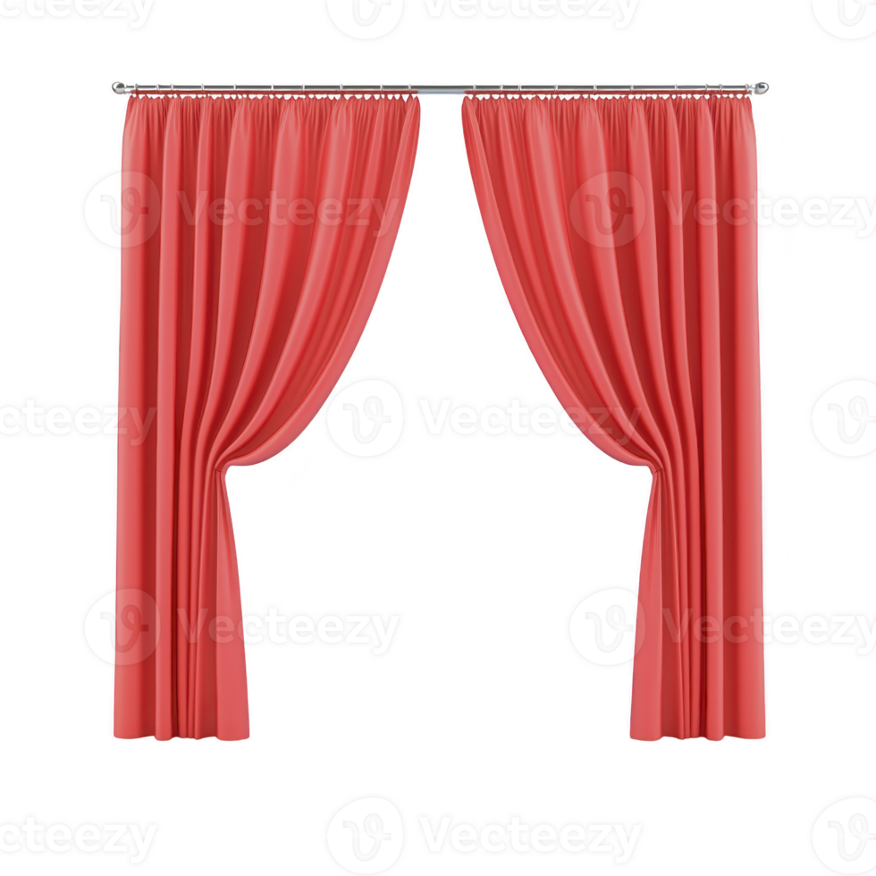 Red curtains elegantly hang from rod, showcasing classic draped design. vibrant color and smooth fabric create warm and inviting atmosphere, perfect for any room decor png