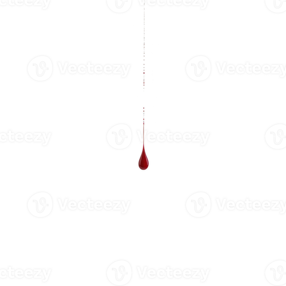 single red liquid droplet suspended mid air against transparency background, creating dramatic and mysterious atmosphere. droplet is elongated, with thin trail above it, suggesting motion png