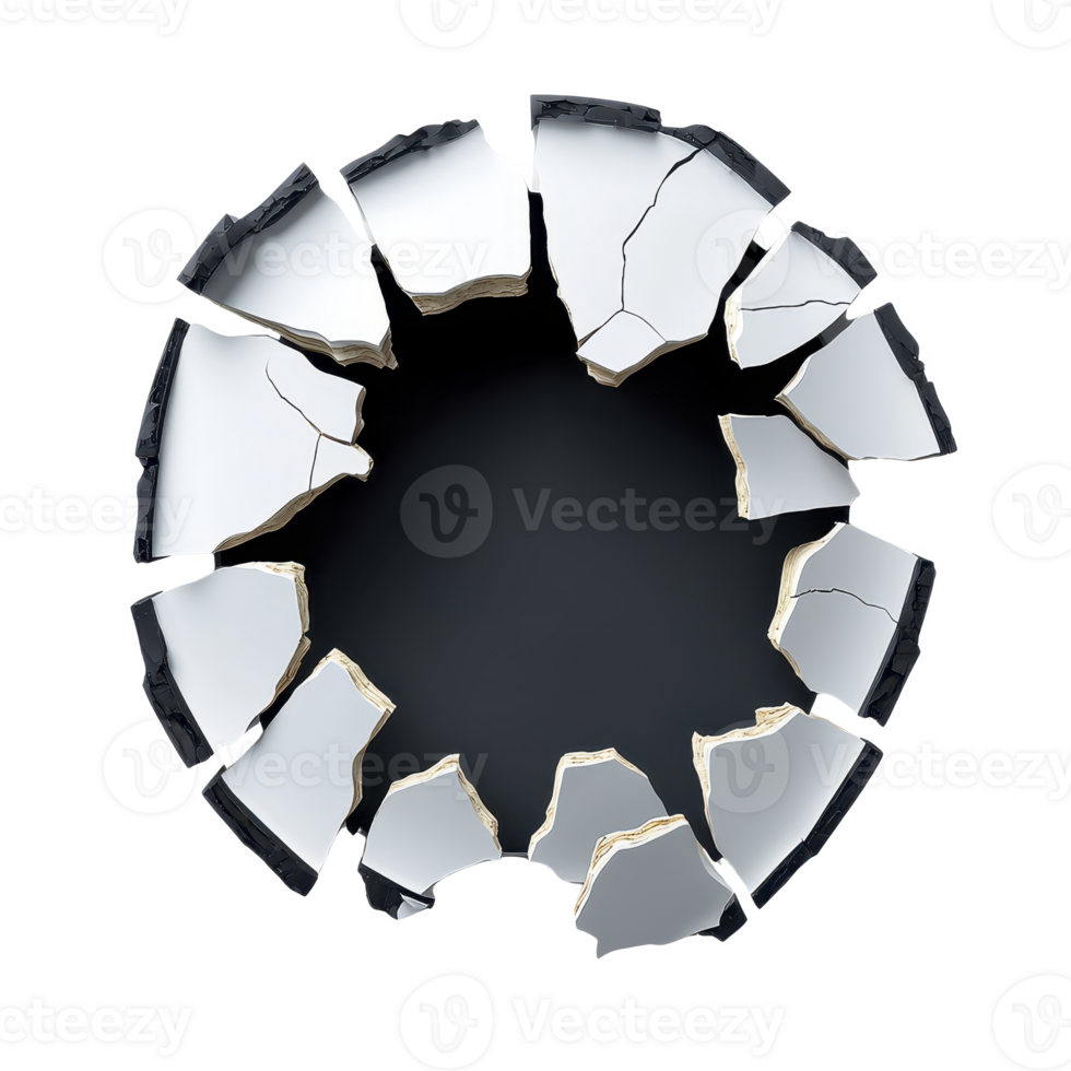 circular hole with jagged, cracked edges resembling broken glass or ice, creating dramatic and dynamic visual effect. shattered pieces are irregularly shaped, adding to sense of impact png