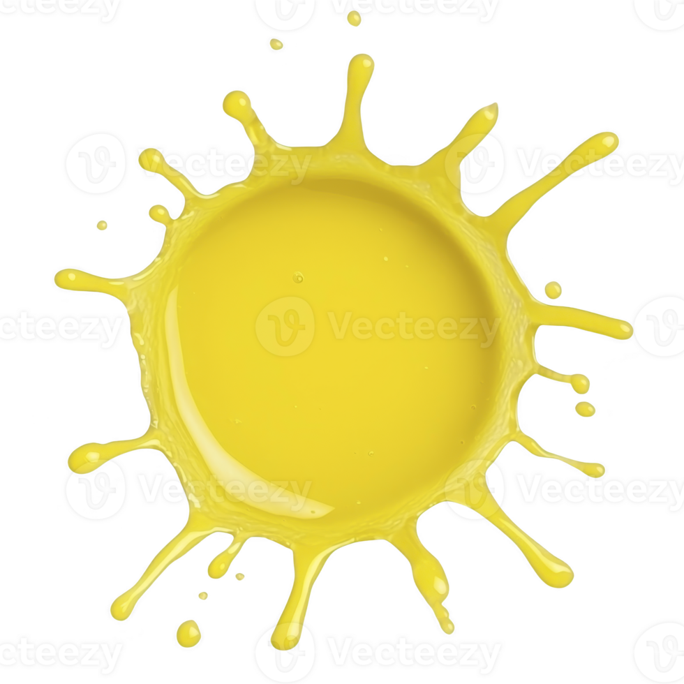vibrant yellow paint splash forms dynamic circular pattern with droplets radiating outward, creating energetic and artistic visual effect png