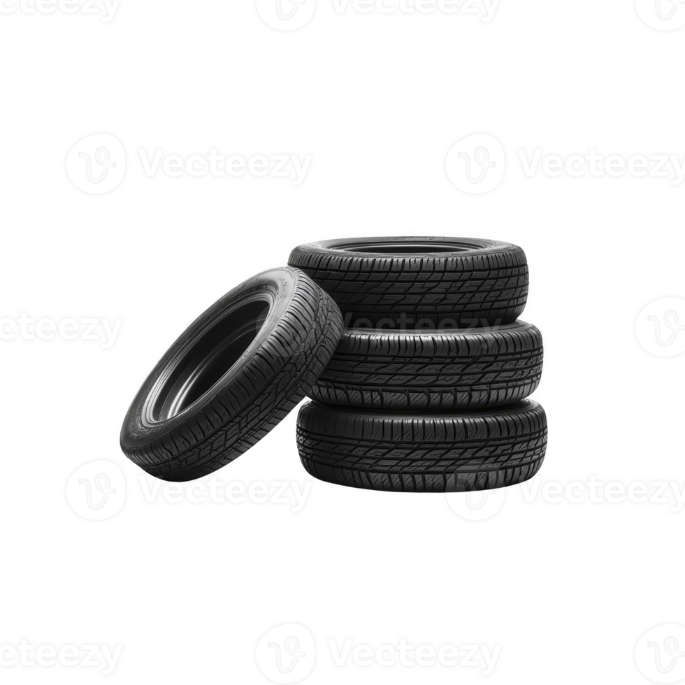 Four stacked black car tires with detailed tread patterns are shown against transparency background, highlighting their durability and design png