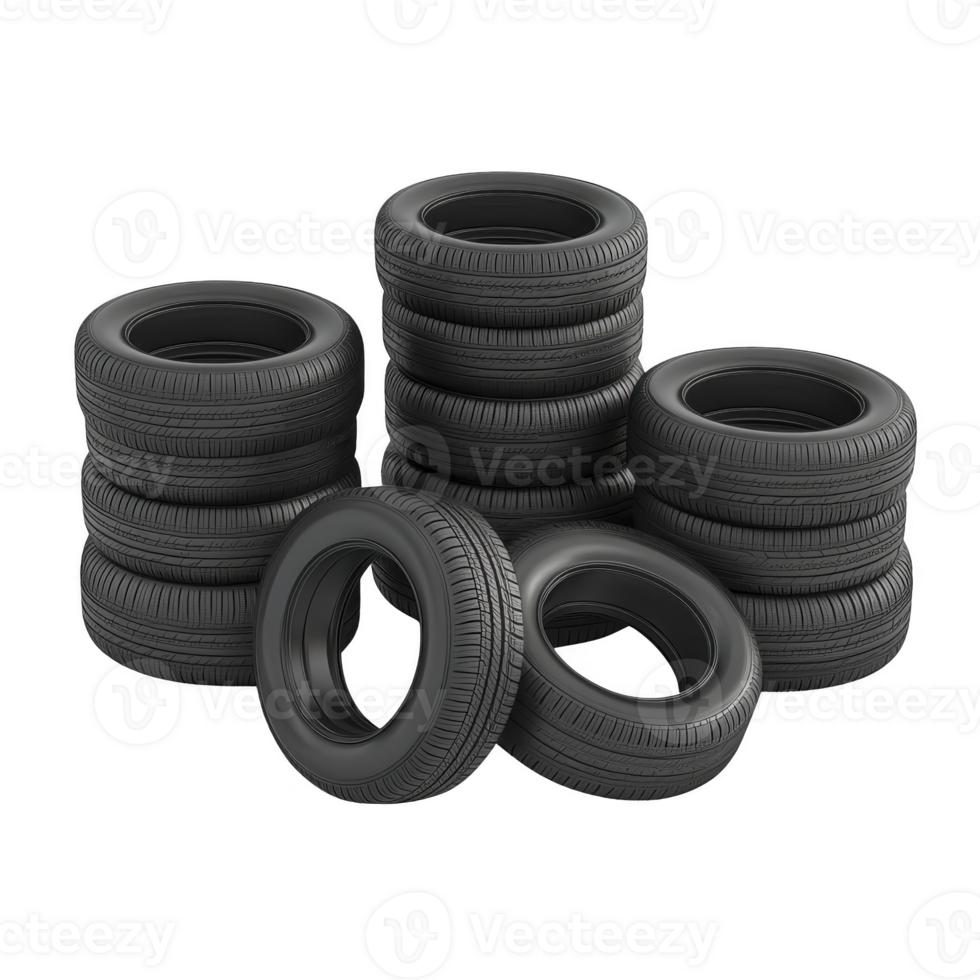 stack of black rubber tires is arranged in pile, showcasing their tread patterns and circular shapes. image highlights durability and utility of these essential automotive components png
