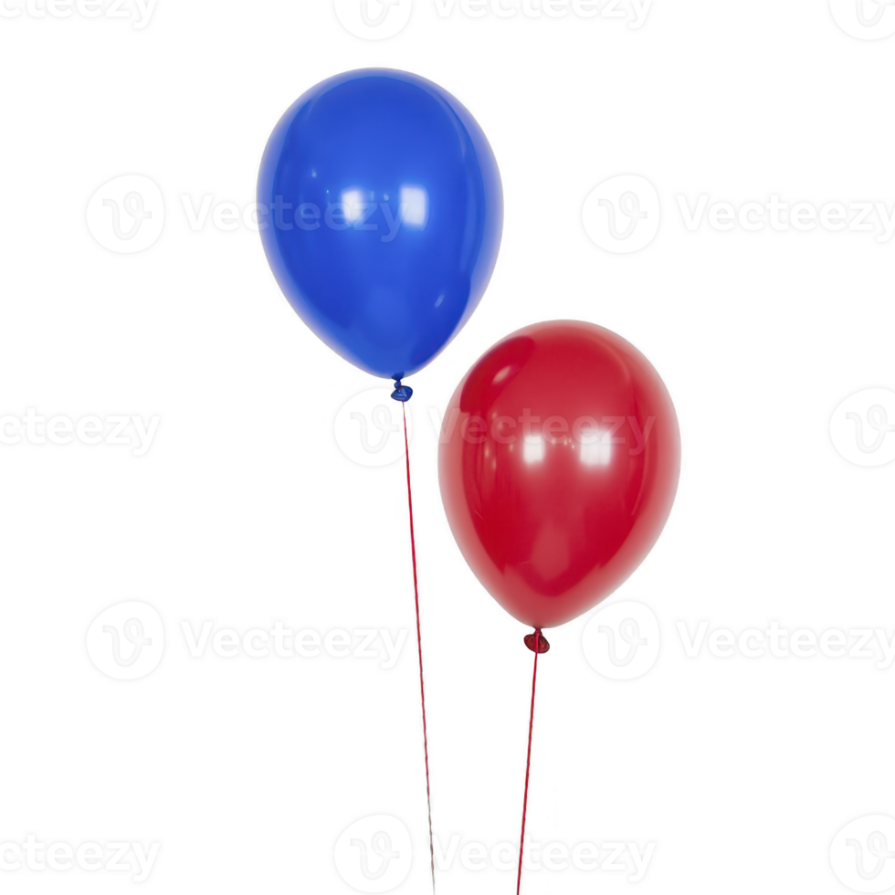 Two colorful balloons, one blue and one red, float against plain background, creating festive and cheerful atmosphere. shiny surface reflects light, adding vibrant touch png