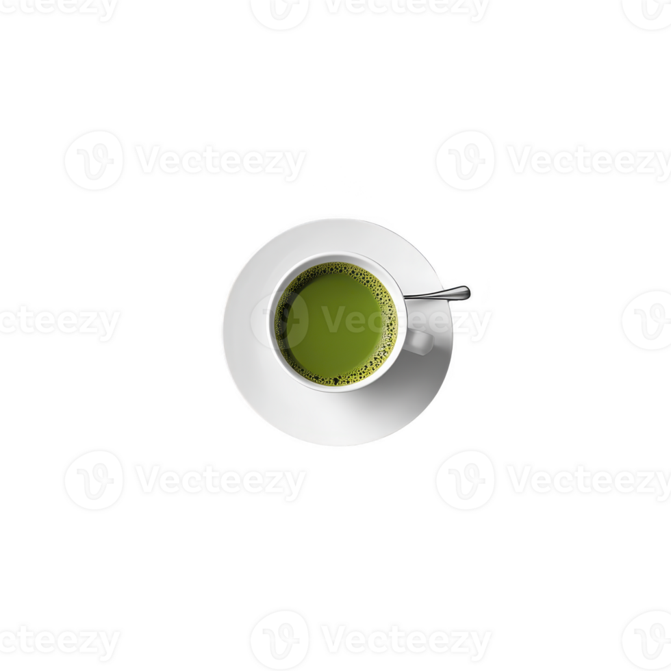 white cup filled with vibrant green matcha tea sits on saucer, viewed from above, creating minimalist and calming aesthetic png