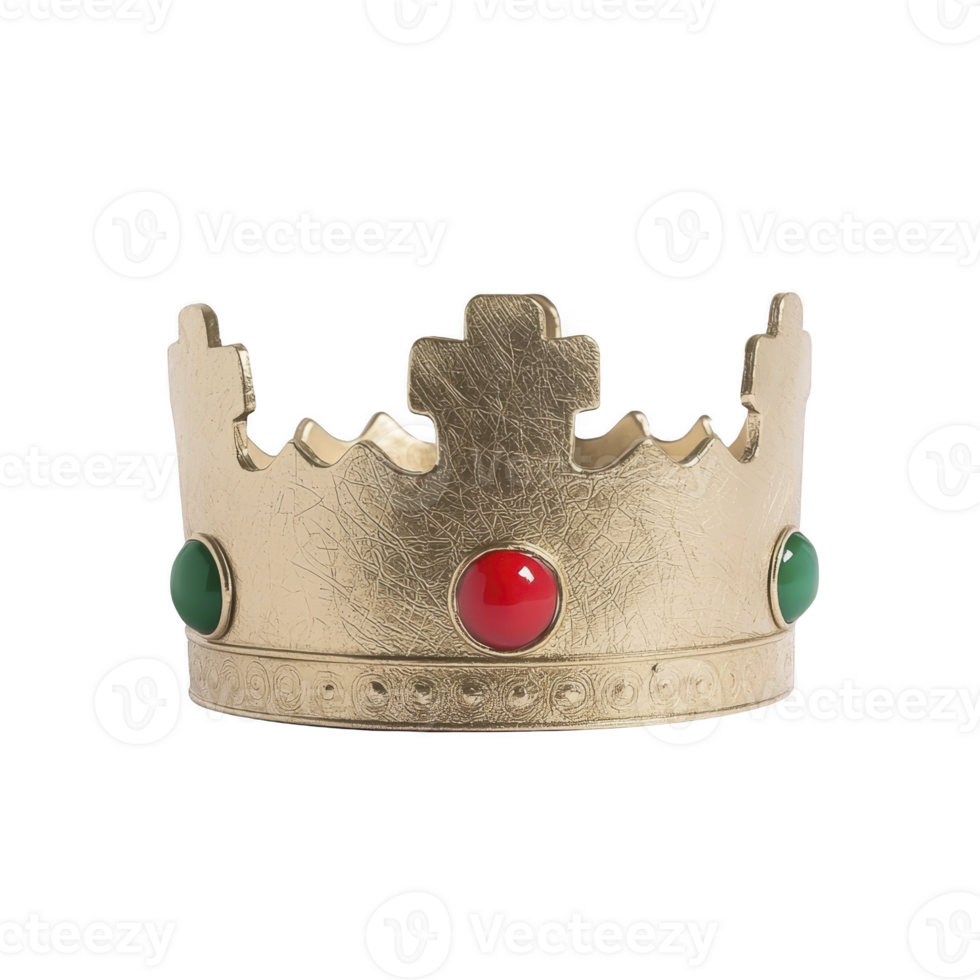 golden crown with red and green gemstones, featuring textured surface and classic design, evokes sense of royalty and elegance png