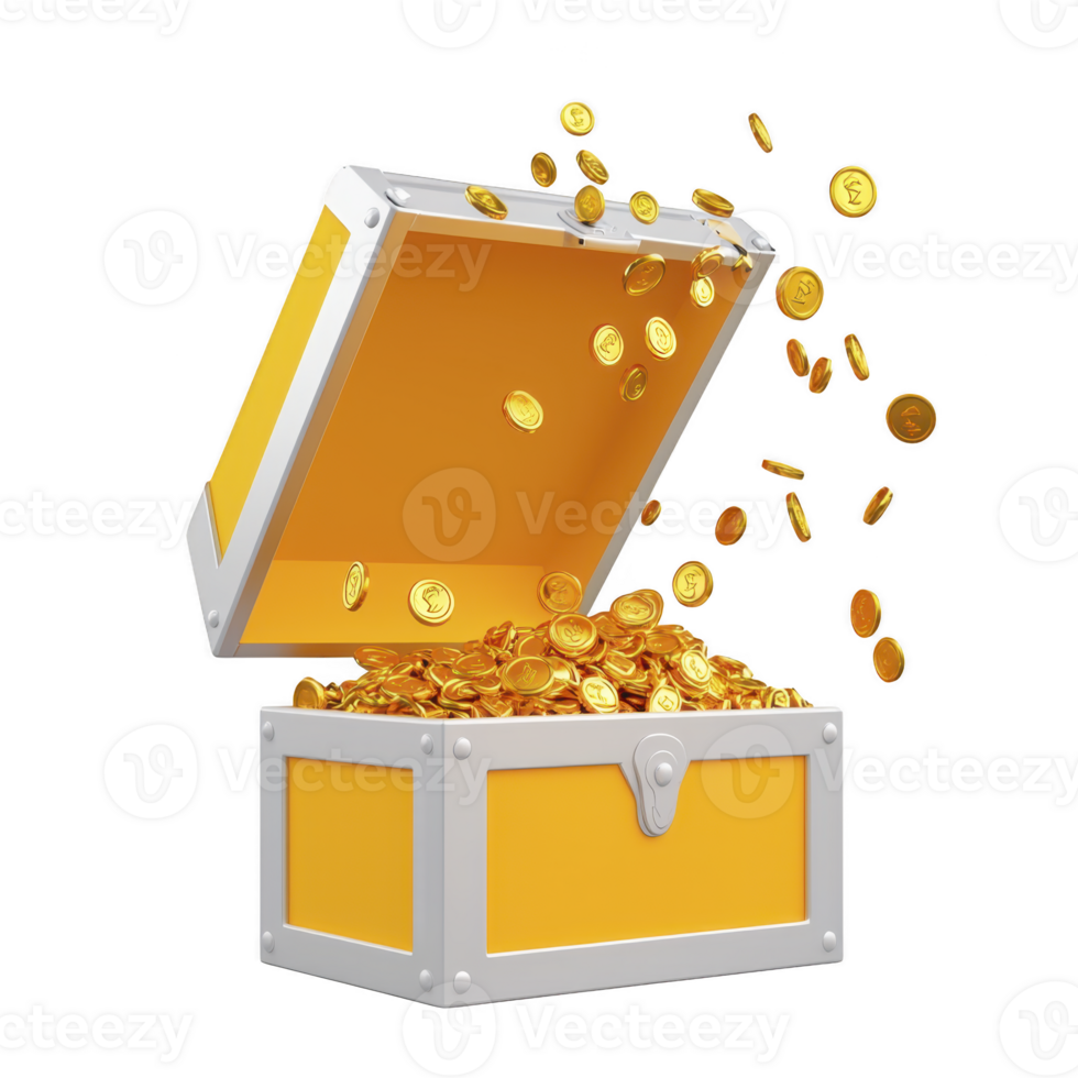 treasure chest overflowing with gold coins, symbolizing wealth and fortune, is depicted with coins spilling out in dynamic and exciting manner png