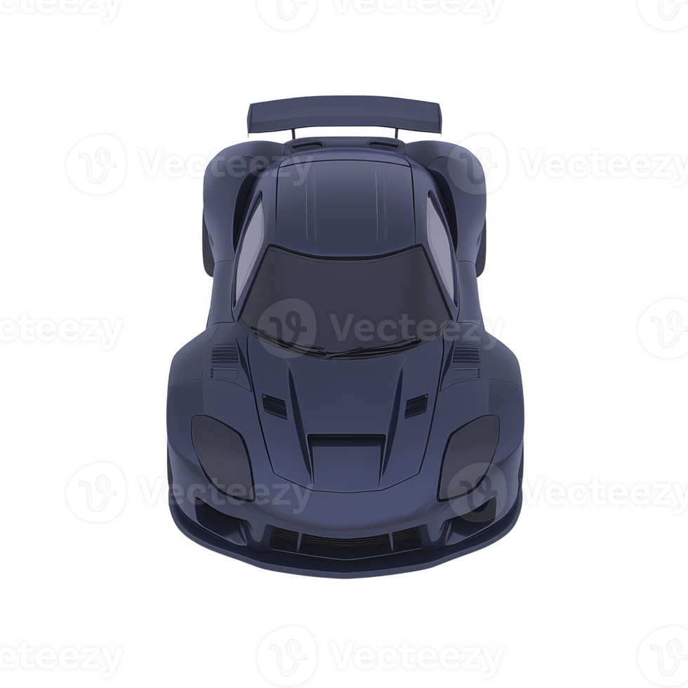 sleek, dark blue sports car with aerodynamic design and prominent rear spoiler, viewed from front. car smooth lines and aggressive stance convey speed and power png