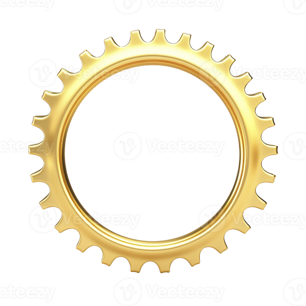 shiny golden gear with circular shape and evenly spaced teeth, isolated on transparency background, symbolizes precision and industry png